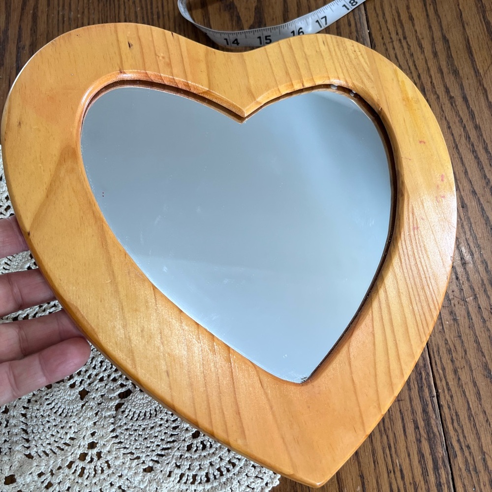 Vintage Heart-Shaped Wooden Wall Mirror in Honey Pine